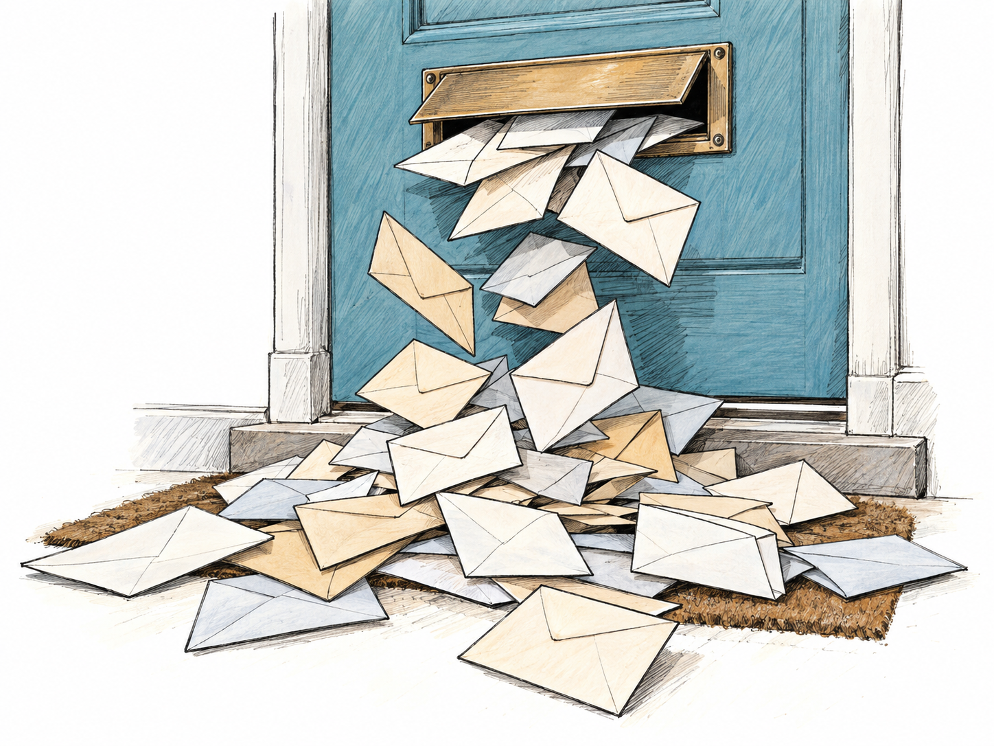 A rush of letters pours through a door’s mail slot, with numerous envelopes still falling and a fresh heap spreading across the floor.