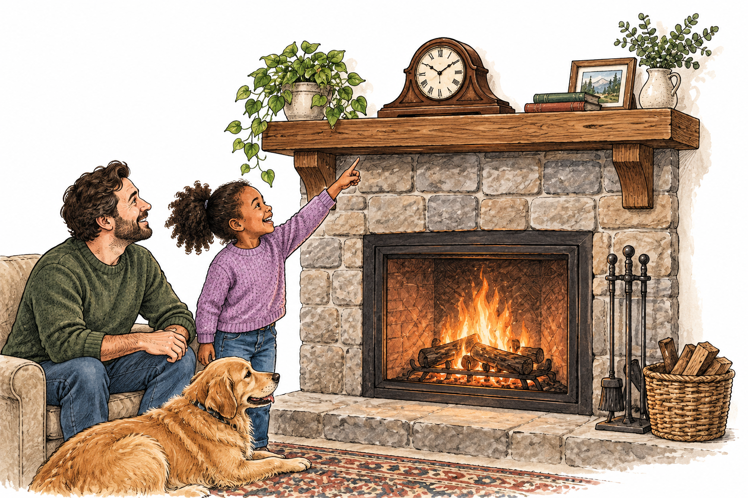 Wooden shelf directly above fireplace with clock resting on it.