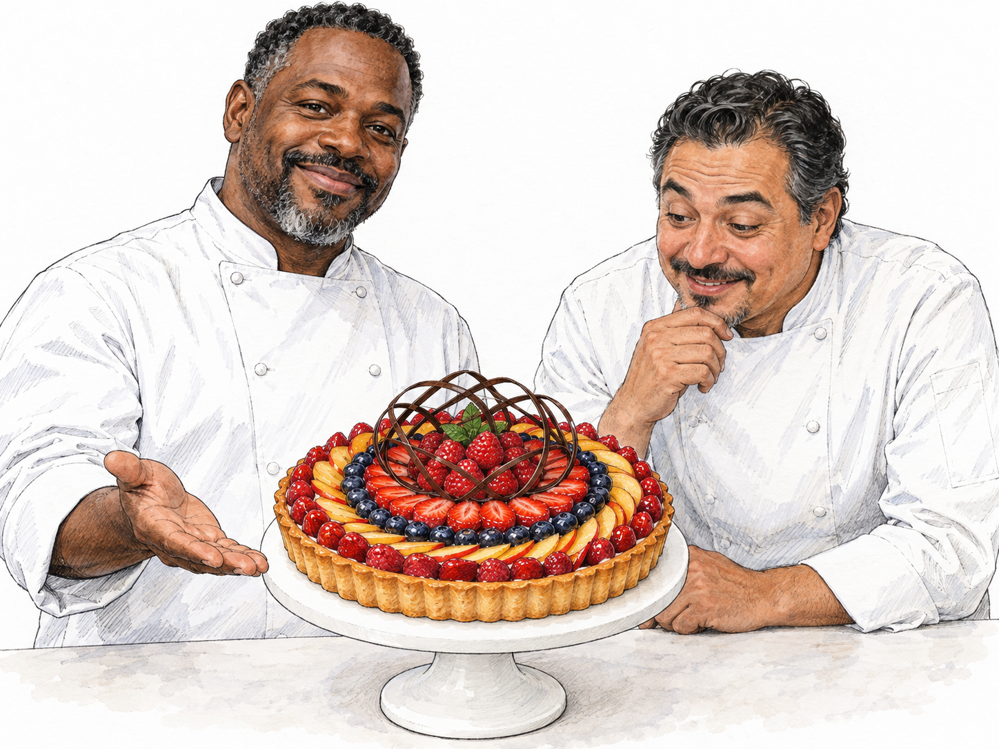 A pastry chef presents an exceptionally well-made fruit tart: perfectly even golden pastry, glossy berries arranged in precise concentric patterns, and delicate chocolate latticework.
