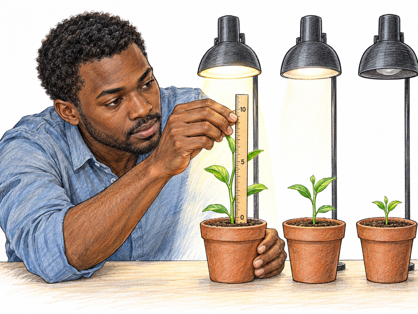 A researcher measures the growth of seedlings in a simple controlled experiment, using direct physical observation rather than speculation.
