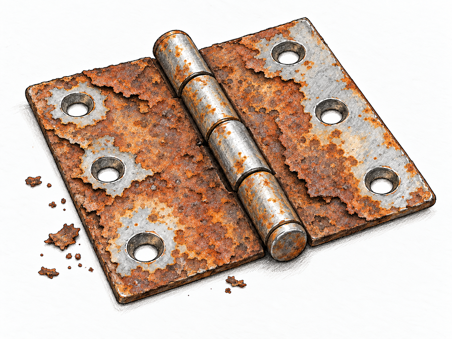 Close-up of an unpainted steel hinge with extensive reddish-brown, flaky corrosion, contrasting with exposed gray metal around the hinge pin and screw holes.