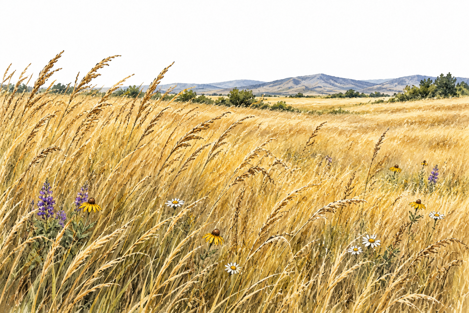 A broad field of tall golden grasses visually predominates over a few scattered small wildflowers, most common and strongest presence.