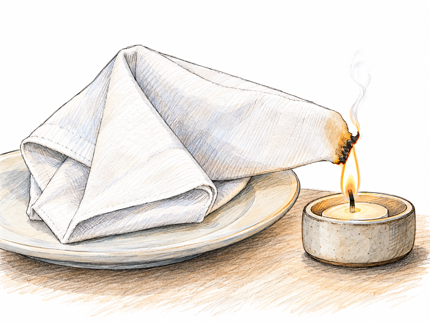 A white cotton napkin hangs over a plate beside a low candle; the small flame just touches its corner, leaving only a narrow brown-black fringe while the rest of the cloth remains intact.