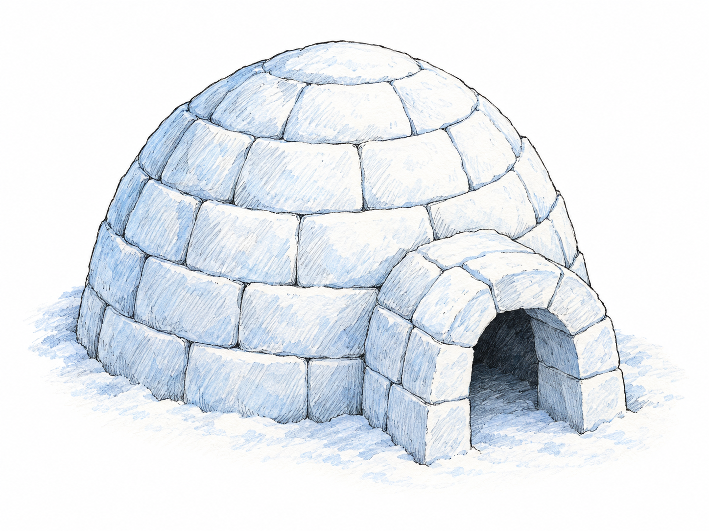 A single dome-shaped snow-block shelter with clearly visible fitted block courses and a low arched entrance, isolated on a small patch of snow.