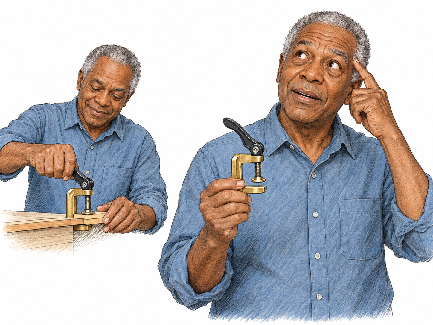 A compact two-scene illustration shows a man confidently using a small mechanical gadget, then holding up that same gadget with a searching expression and a hand at his temple.