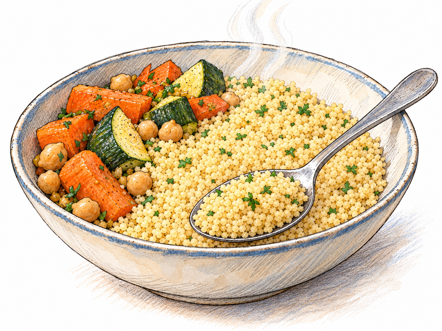 A close three-quarter view of a shallow bowl of fluffy couscous, with a few cooked vegetables on one side and a spoonful lifted just above the bowl to reveal the tiny separate semolina granules.