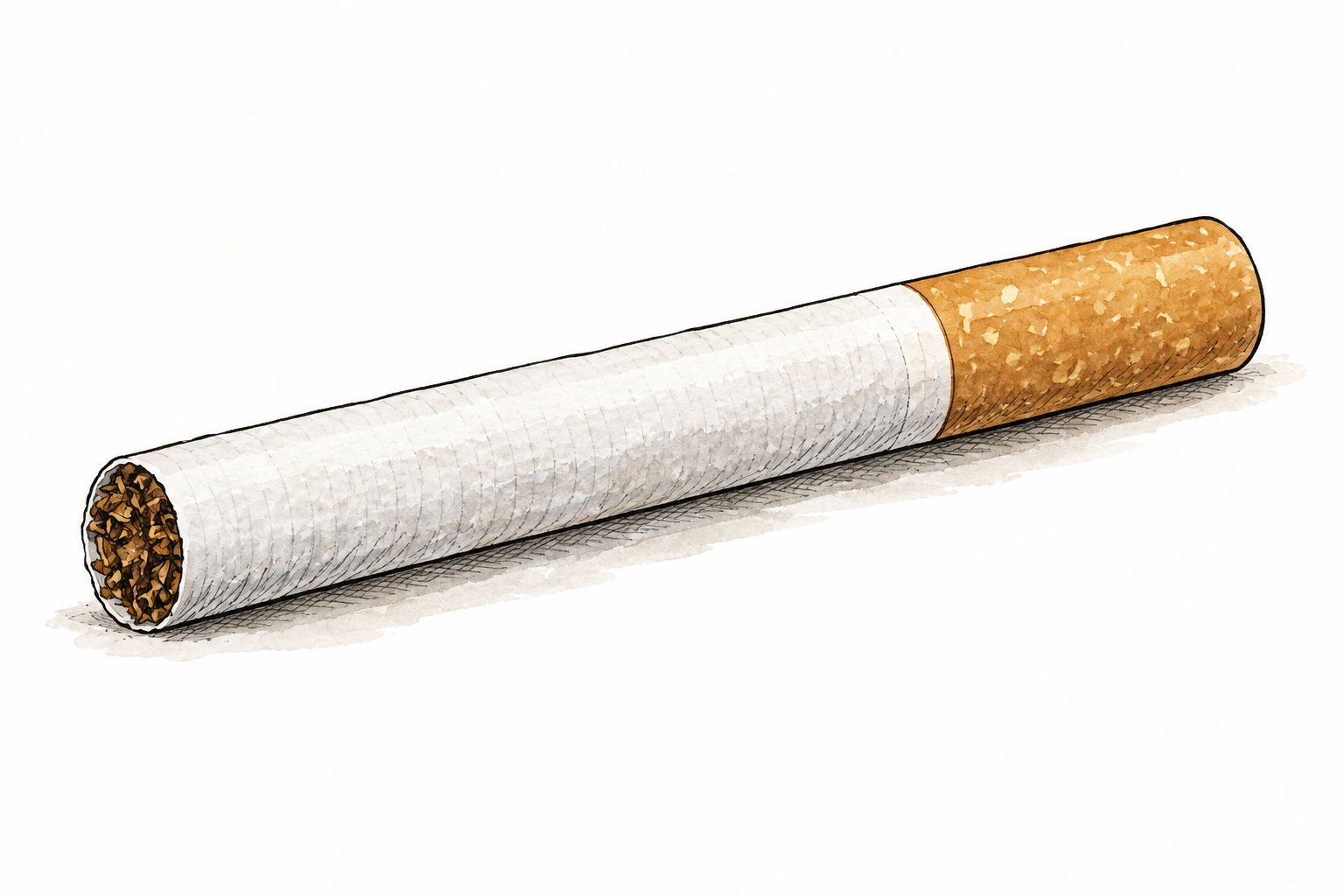 A single unlit cigarette with white paper body and tan filter, neutral educational still life.