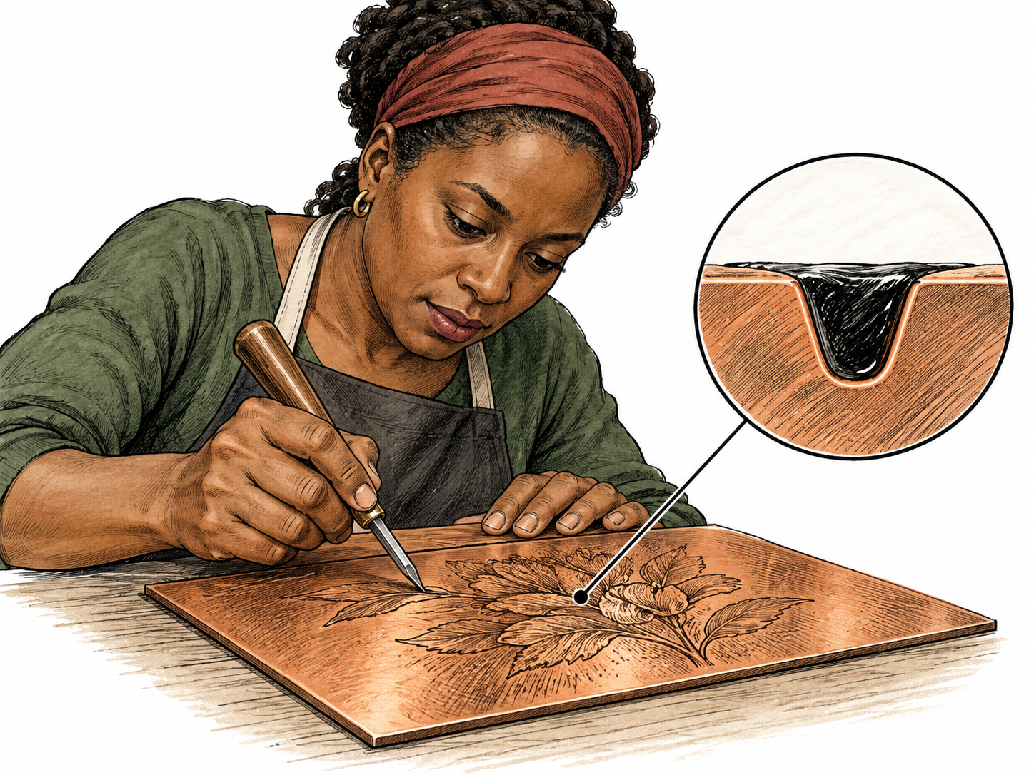 An engraver uses a burin to cut a recessed design into a copper plate, with an inset showing ink held below the surface.