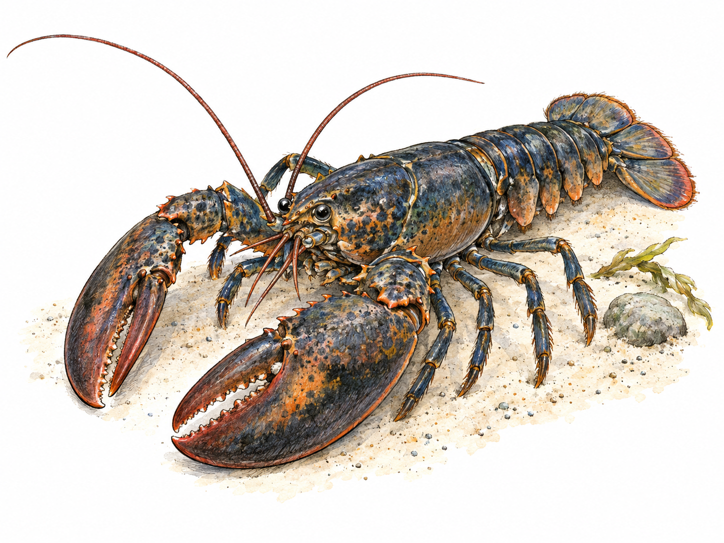 A single living clawed lobster on a small patch of seabed, with its hard segmented shell, two large front claws, long antennae and tail fan clearly visible.