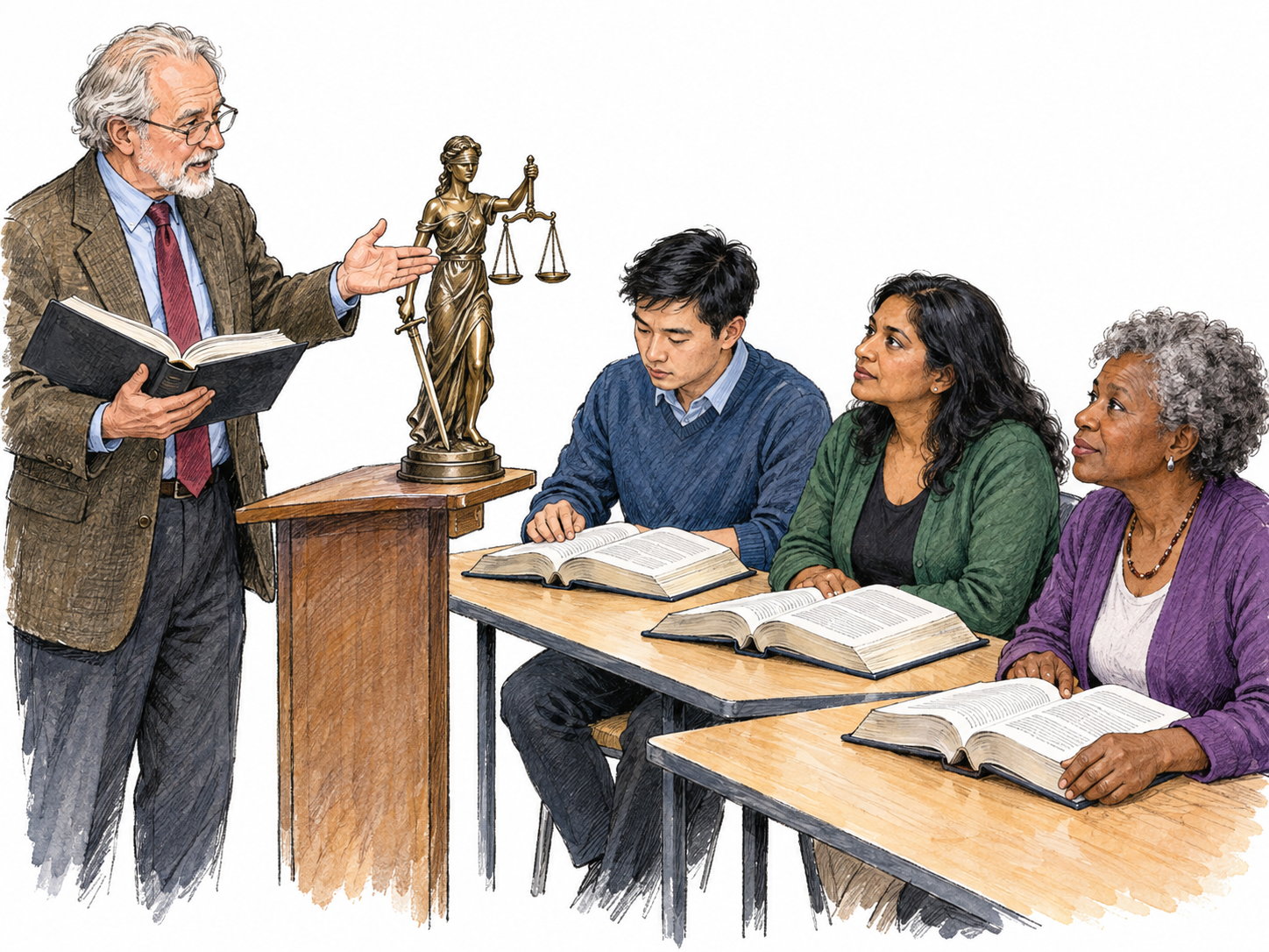 A small law-school seminar makes the study of law recognizable through classroom staging, comparative reading, and a prominent traditional Lady Justice teaching model, rather than a private legal consultation.