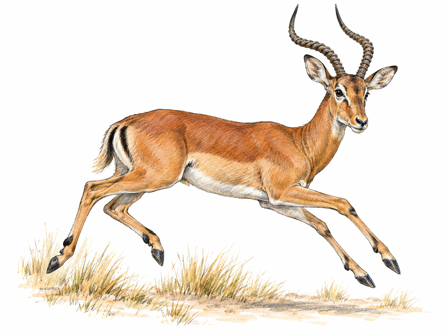A single adult male impala bounding across a sparse patch of African grassland, with its slender legs, reddish-tan coat, white underside, black rump markings, and ridged lyre-shaped horns clearly visible.