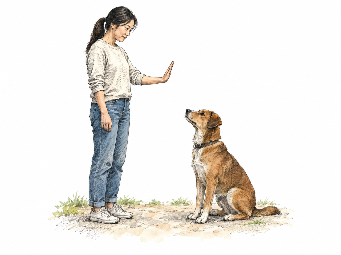 Dog sits calmly when owner presents a hand cue, actual observed behavior clear, owner beside animal, no written command.