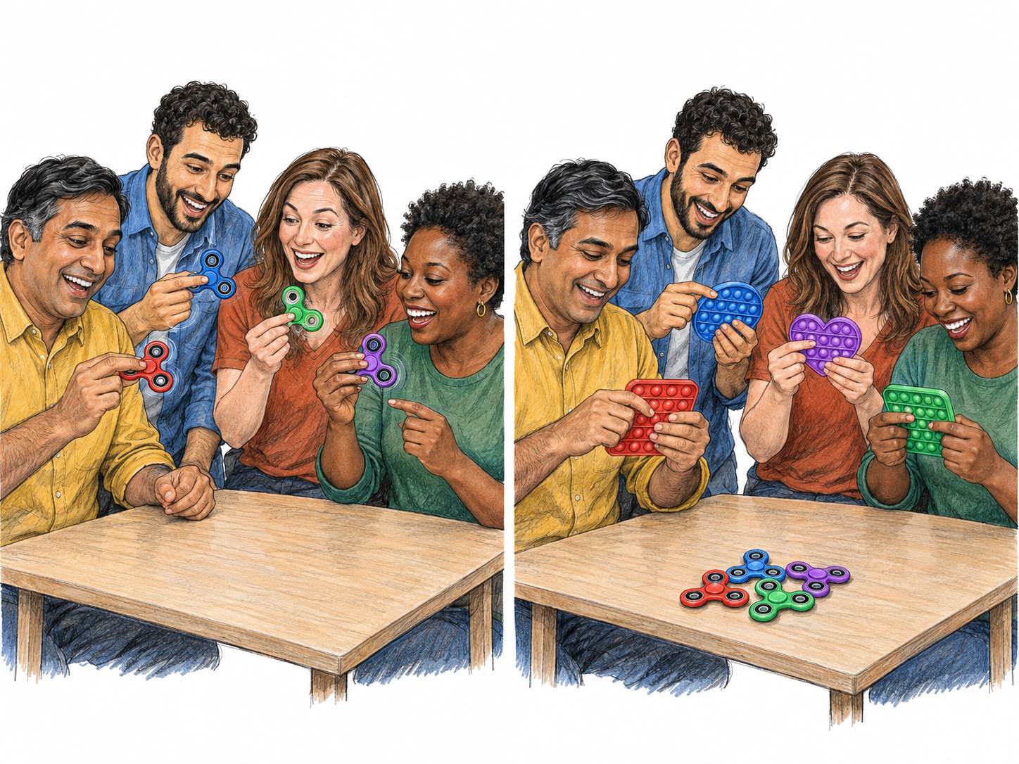 A compact two-moment scene shows a shared novelty craze being rapidly displaced: four friends eagerly spin matching three-lobed fidget toys, then the same group enthusiastically squeezes colorful bubble-popping toys while their spinners lie abandoned together.