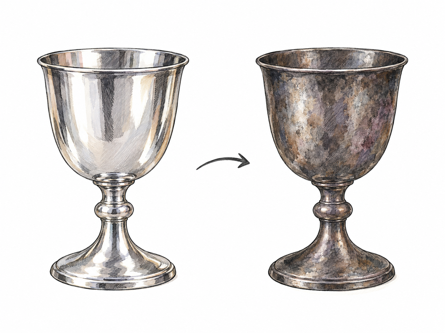 A simple left-to-right transformation shows the same silver goblet losing its brightness: initially polished and reflective, then covered with dull gray-black tarnish.