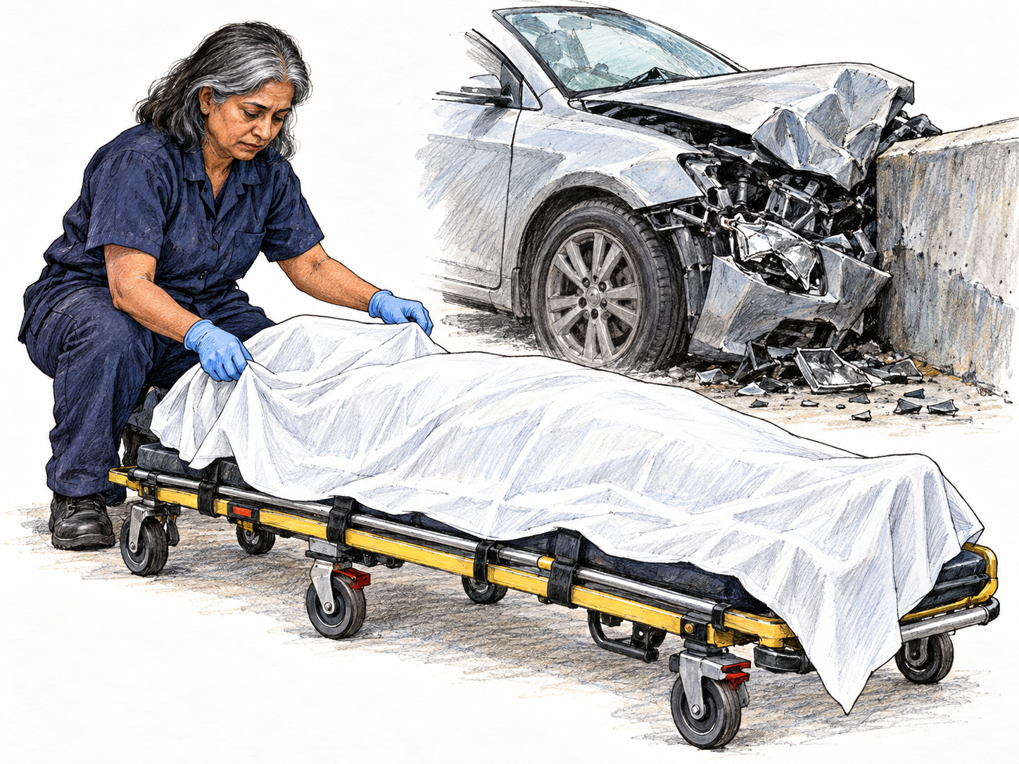 A non-graphic fatal road accident: a fully sheet-covered body on a low stretcher beside a severely crashed car, with a responder solemnly drawing the sheet over the head.