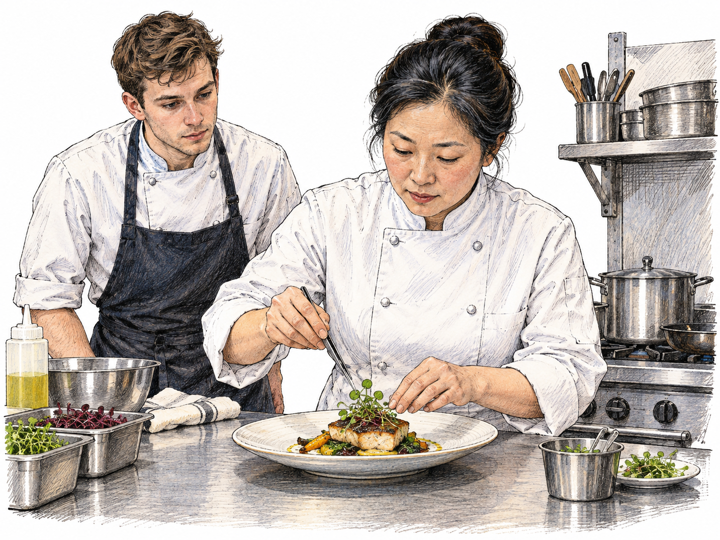 A professional chef in a plain clean cook jacket carefully finishes a plated meal in a compact kitchen workstation while one assistant watches; leader clearly directing culinary work, no logos.