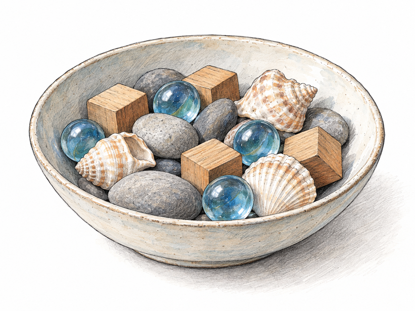 One shallow bowl containing a visibly mixed collection of pebbles, wooden cubes, glass marbles, and seashells, showing a single collection made up of different kinds of elements.