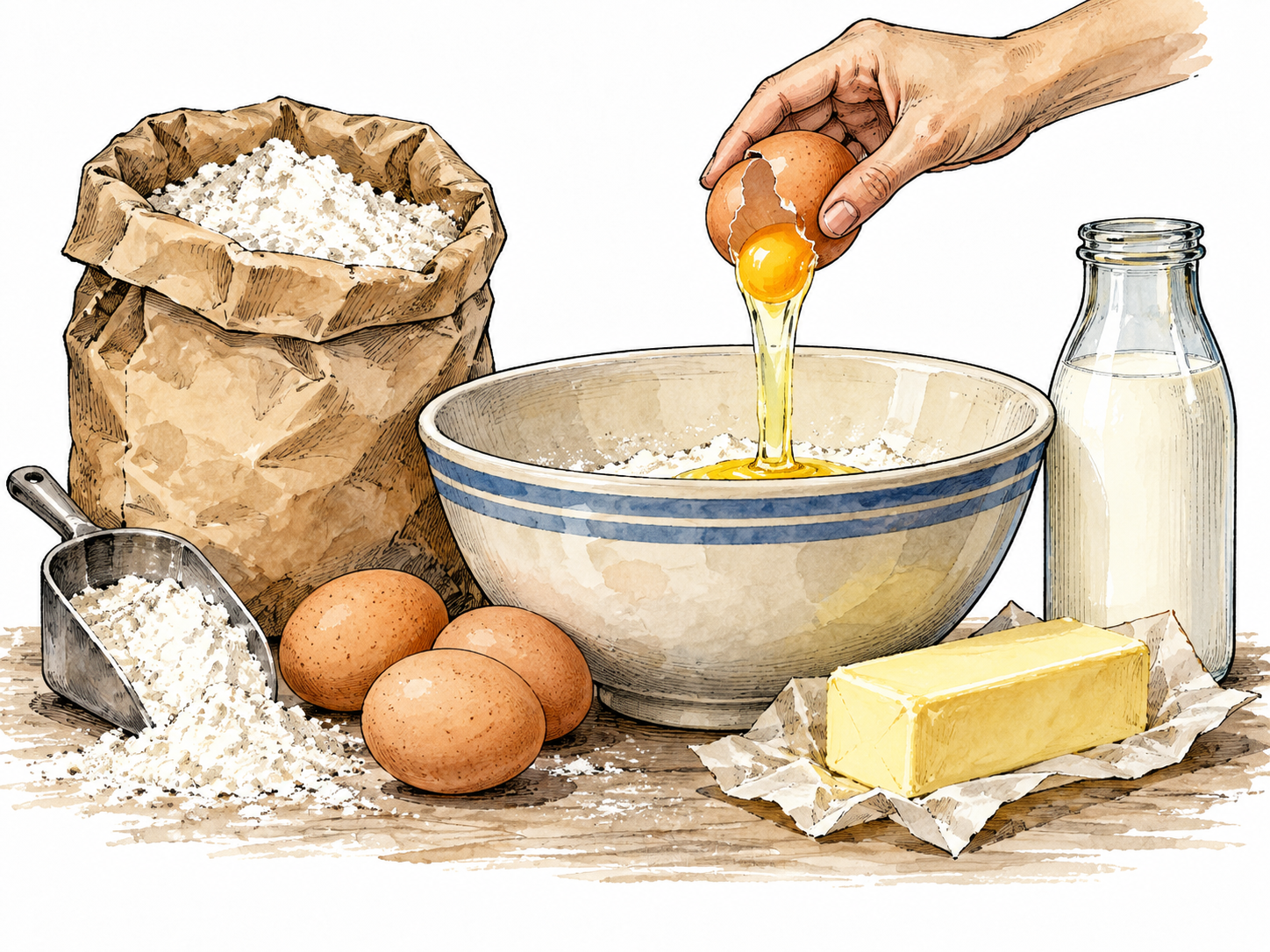 Flour eggs butter and milk beside cake mixing bowl, one egg being added.