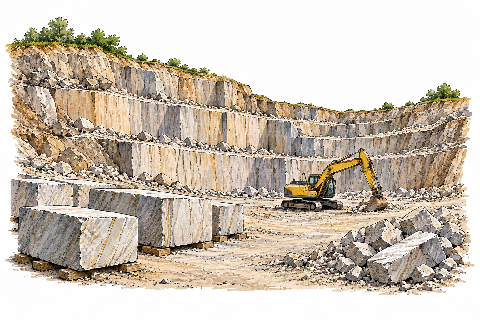 Open stone quarry with stepped rock walls, cut blocks and a small excavator, clear extraction site.
