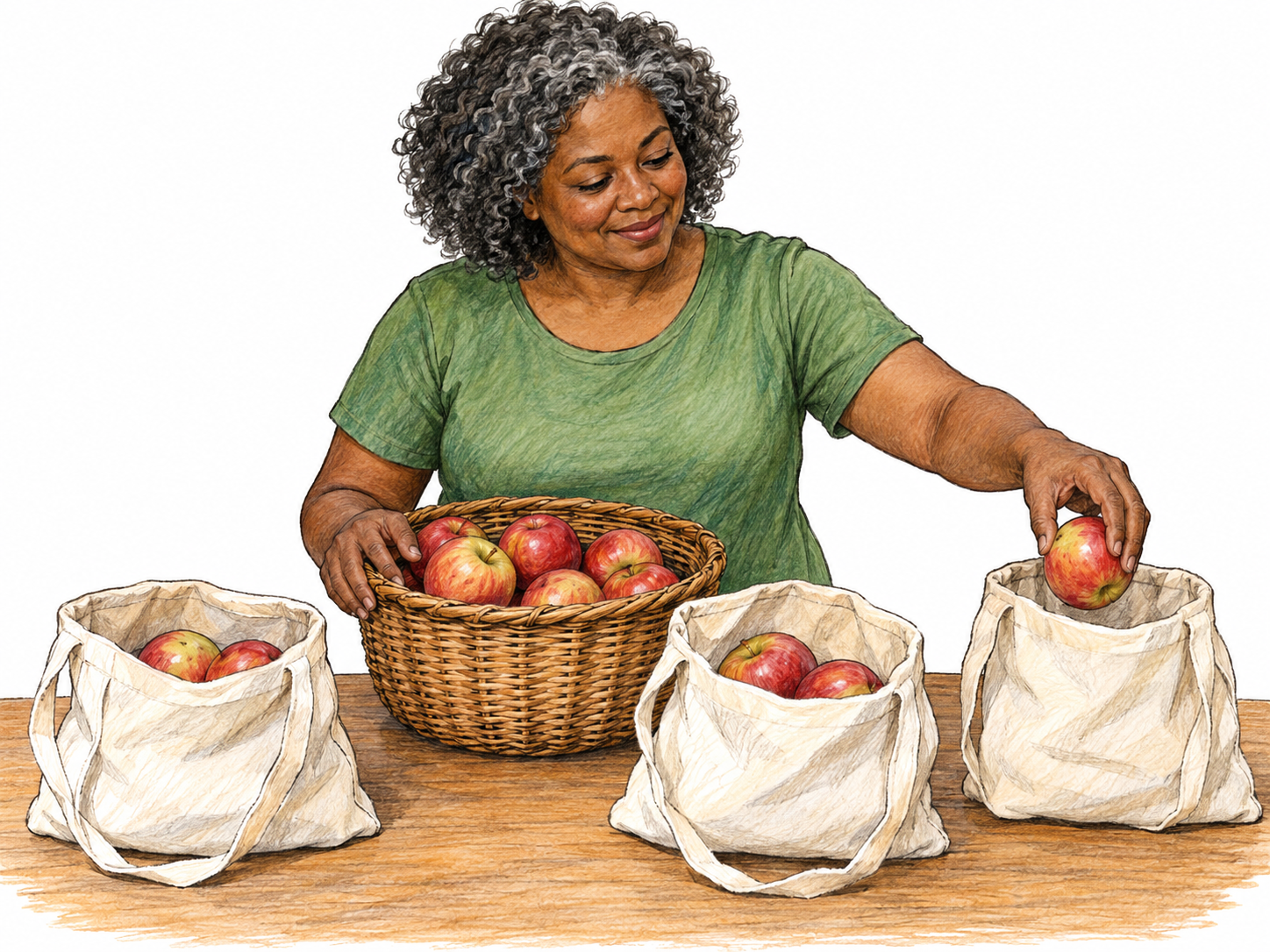 A community volunteer divides a basket of apples among three waiting empty cloth bags on a table.