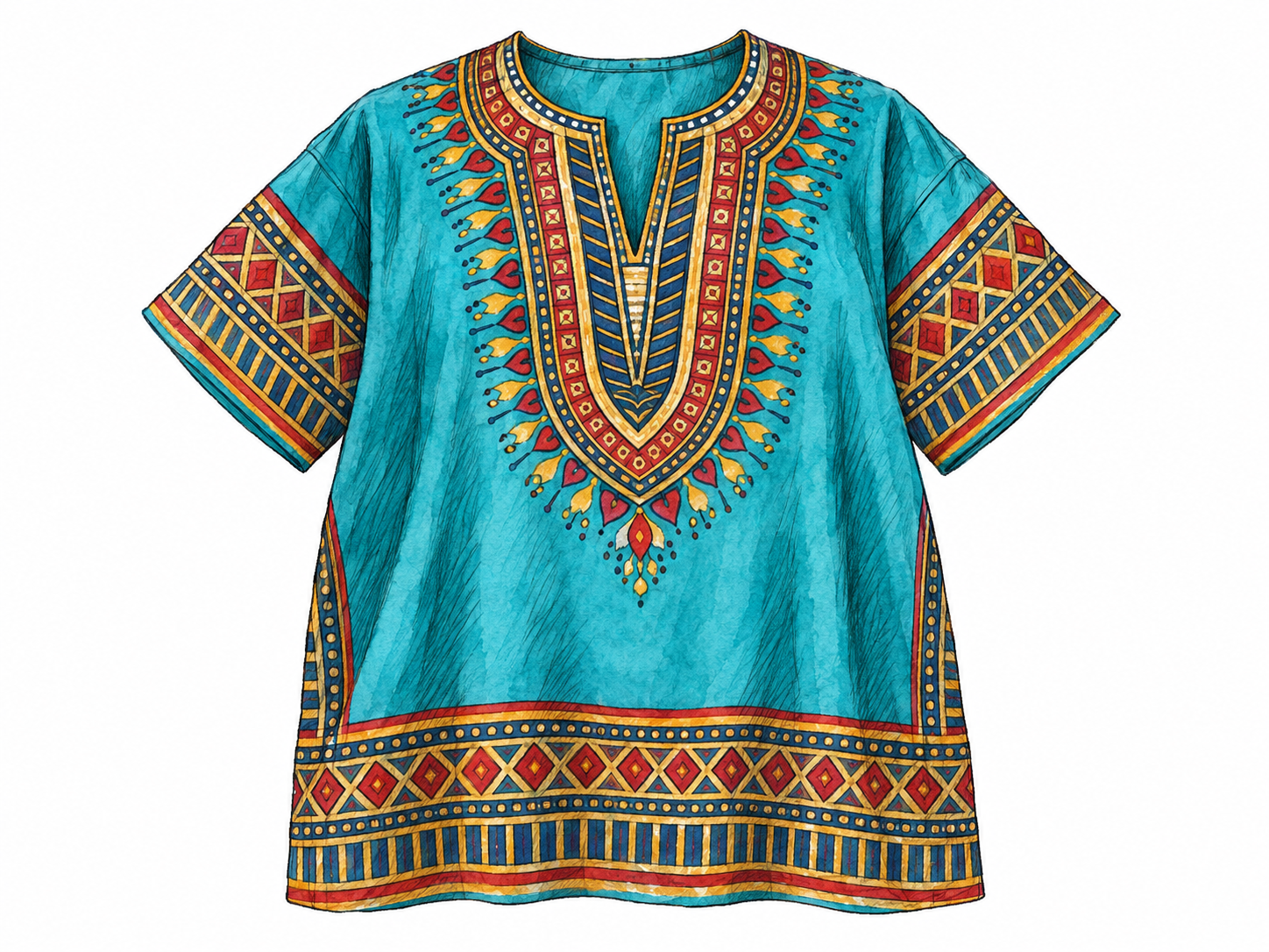 A single colorful dashiki displayed front-facing, with its loose pullover shape, short wide sleeves, and distinctive patterned neckline clearly visible.
