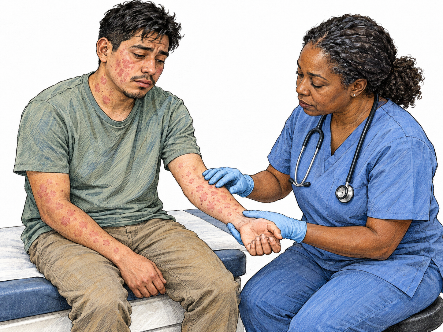 A visibly ill young adult with a widespread spotted rash and a fatigued posture is examined by a clinician, making bodily disease concrete rather than depicting generic discomfort.