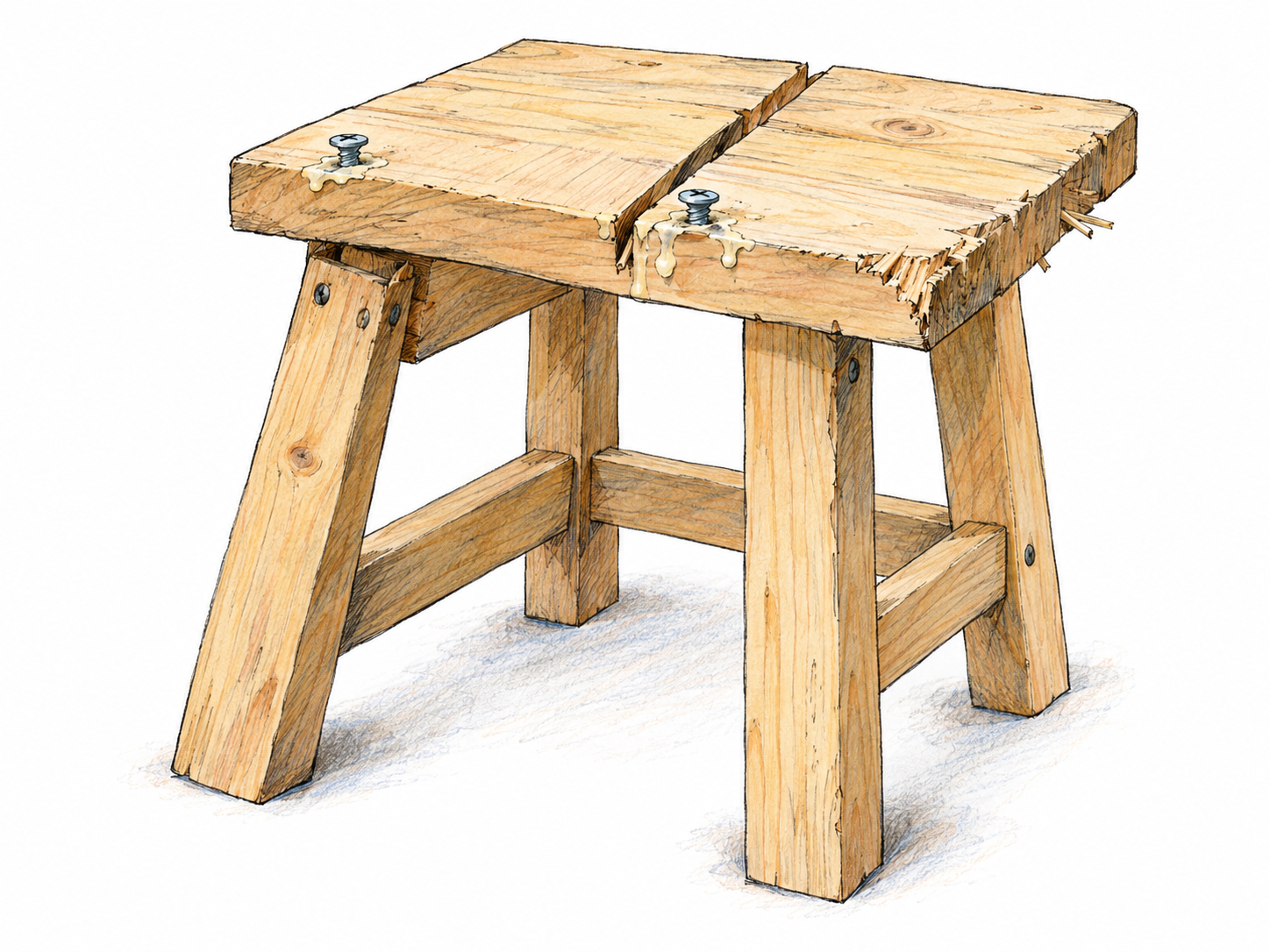 A newly made wooden stool displays visibly careless construction: crooked legs, a badly fitted seat joint, protruding screws, glue squeeze-out, and rough splintered edges.