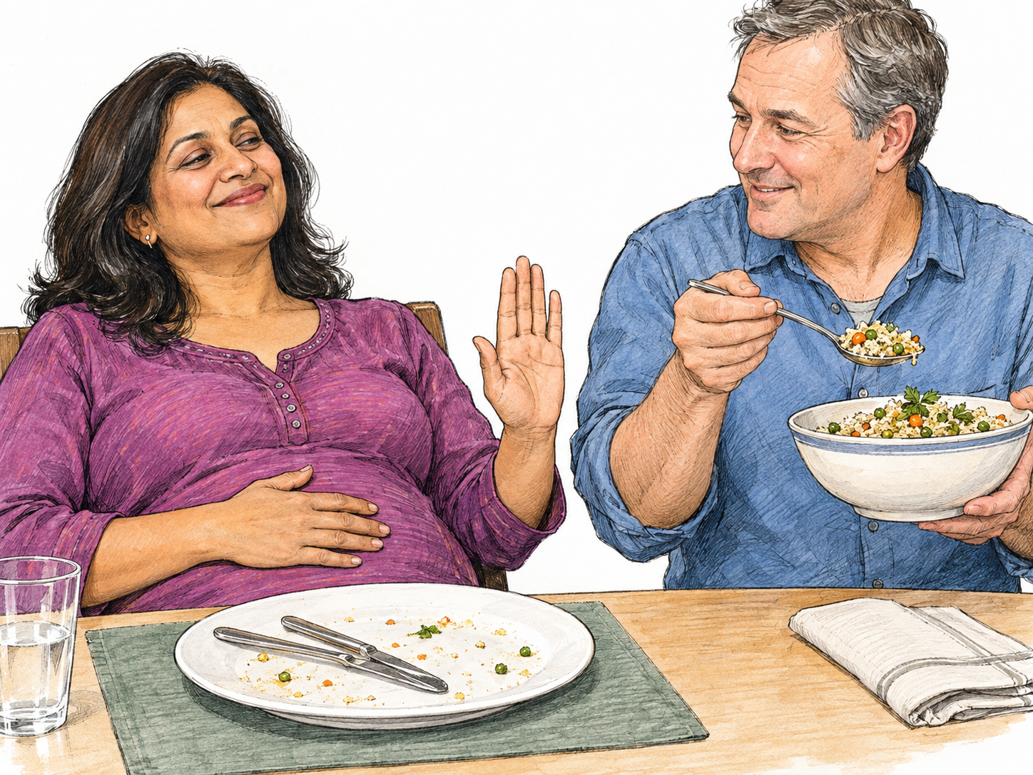 A comfortably full diner leans back after finishing her meal, resting one hand lightly on her abdomen and politely declining a second helping with the other.