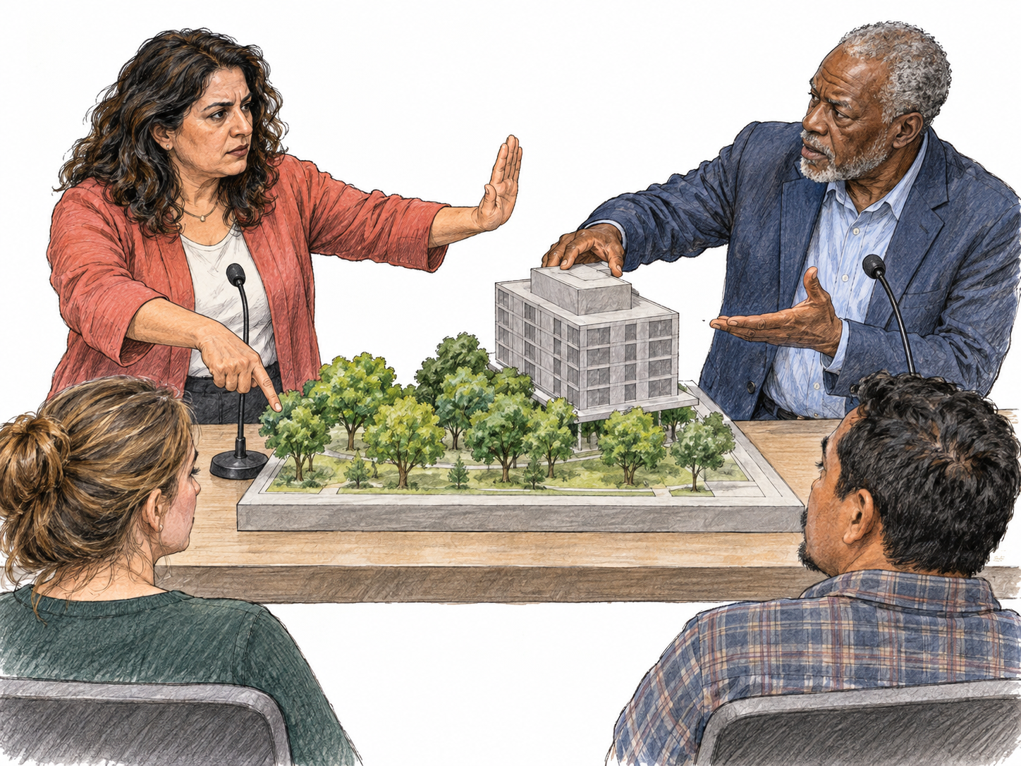 At a public planning meeting, two residents visibly disagree over a proposed building that would replace mature trees.