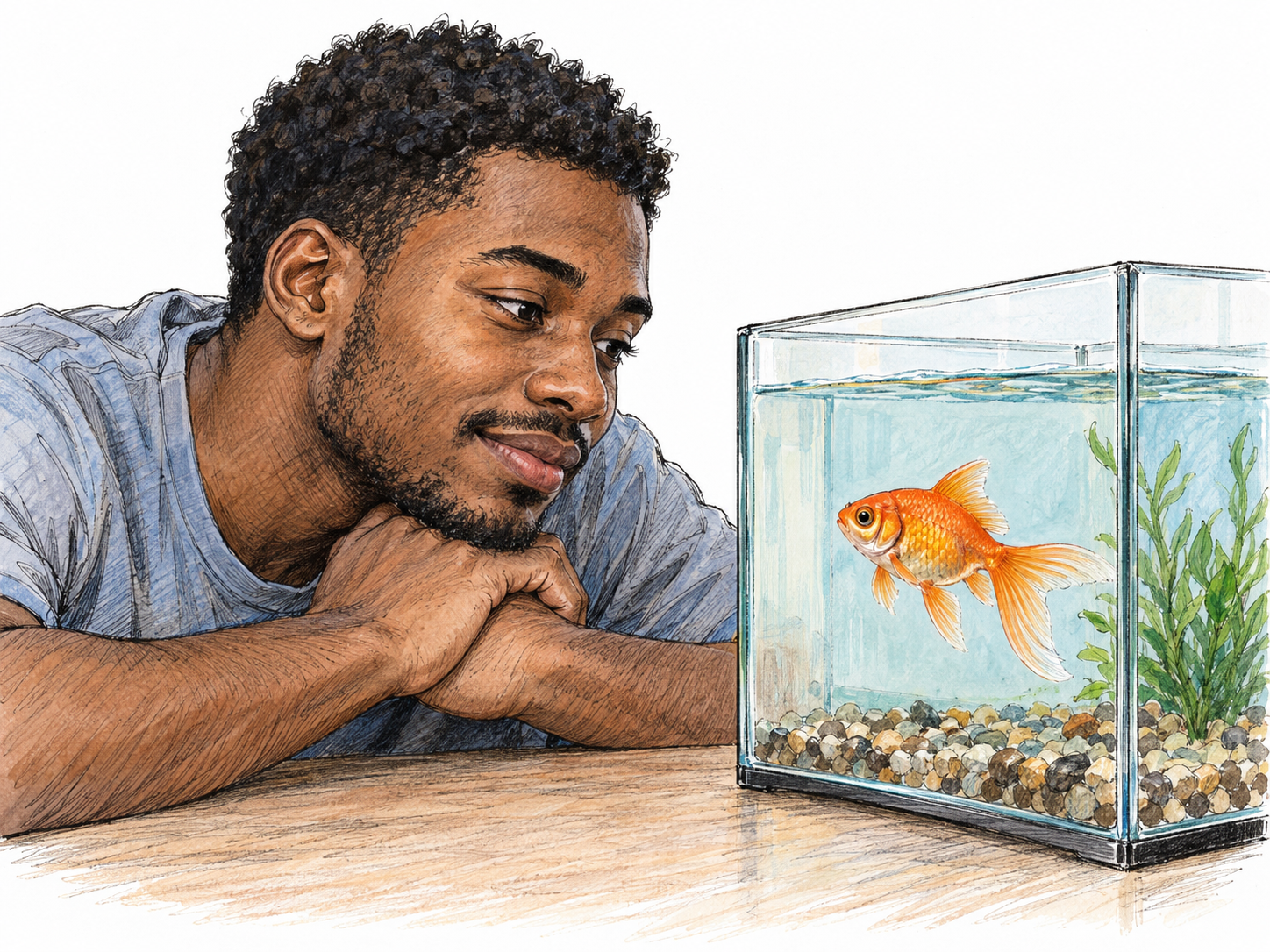 A young man rests his chin on his hands beside a small aquarium, his still posture and focused eyes directed intently at a single fish.