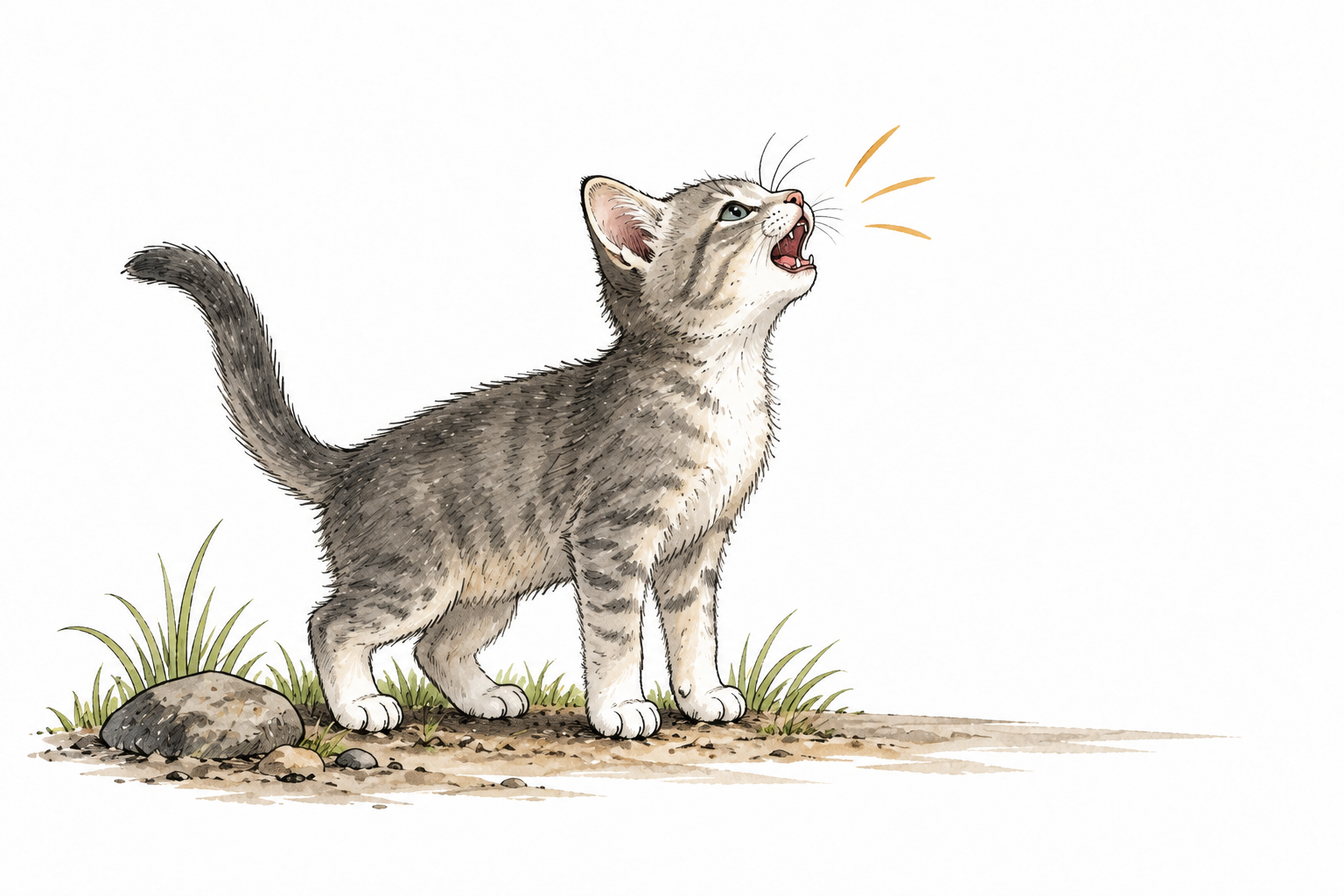 Small gray cat raises head and gives high crying call, open mouth and slight sound strokes, no writing.