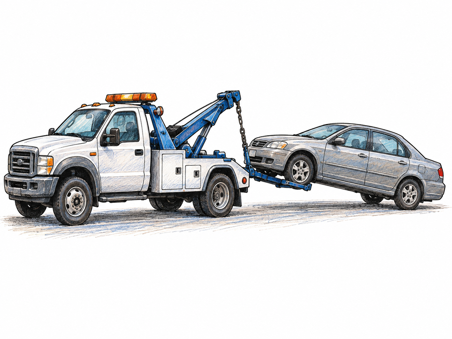 A compact tow truck securely pulls a disabled car behind it with the front wheels raised on a wheel lift and rear wheels on the ground; physically plausible linkage, no logos or license text.