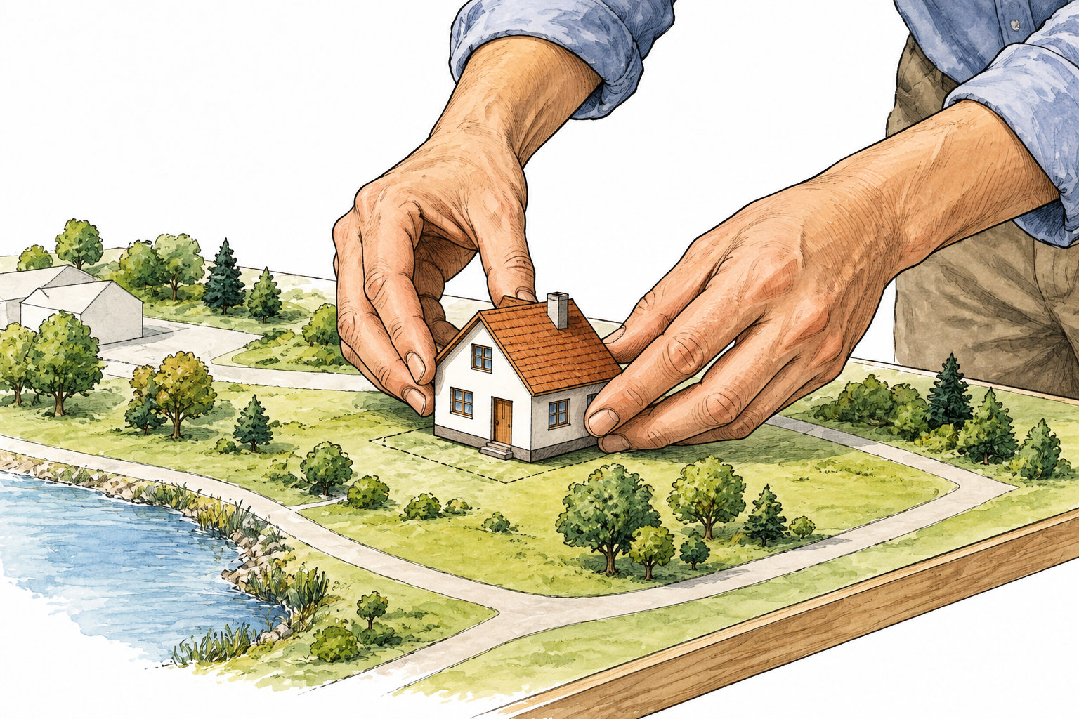 Hands placing a small model house in a precise spot on a landscape model, action of locating it clearly shown.