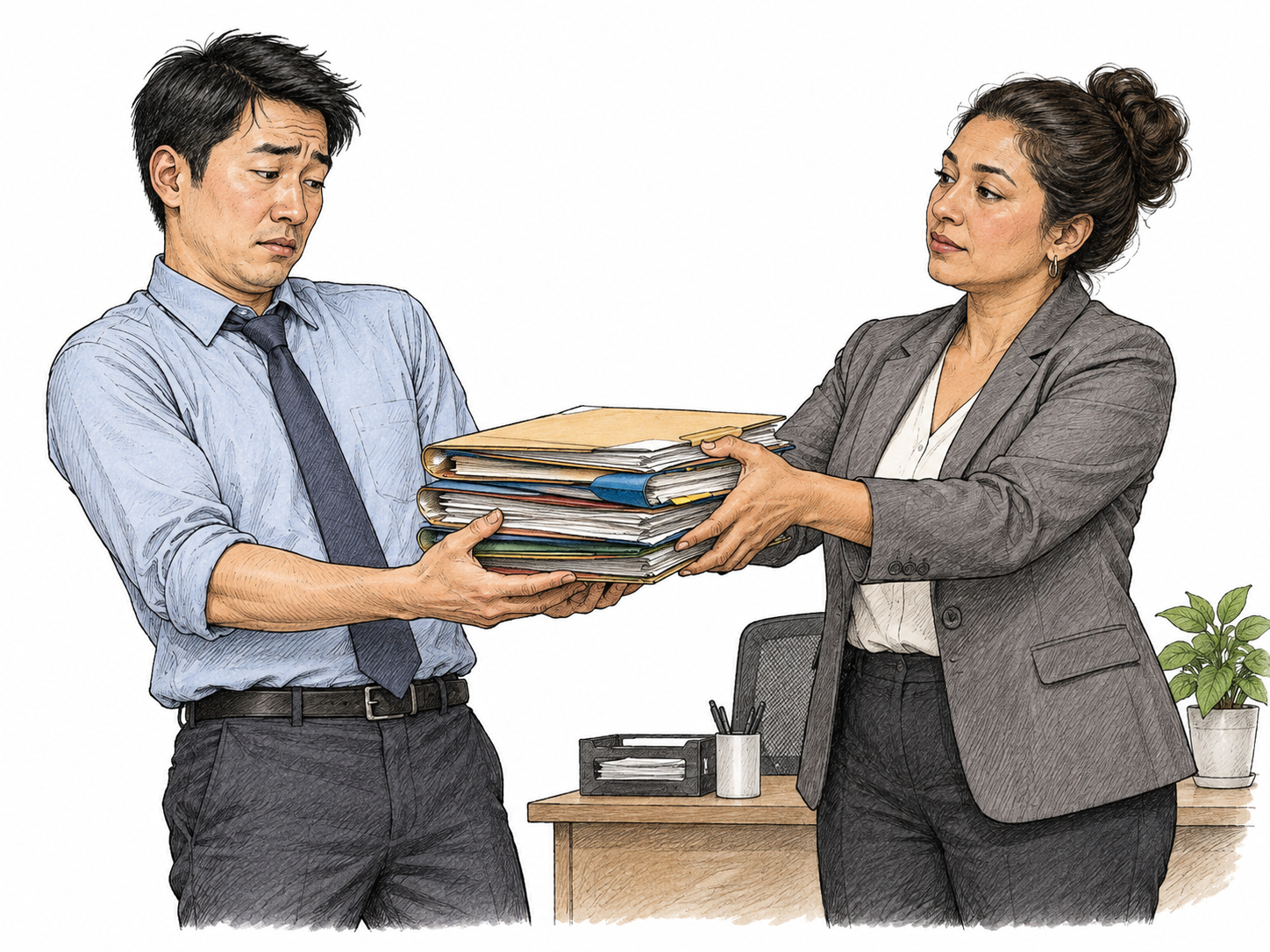 An adult reluctantly accepts an unwanted extra stack of work folders from another person, hesitant posture and restrained expression; no coercive threat or text.