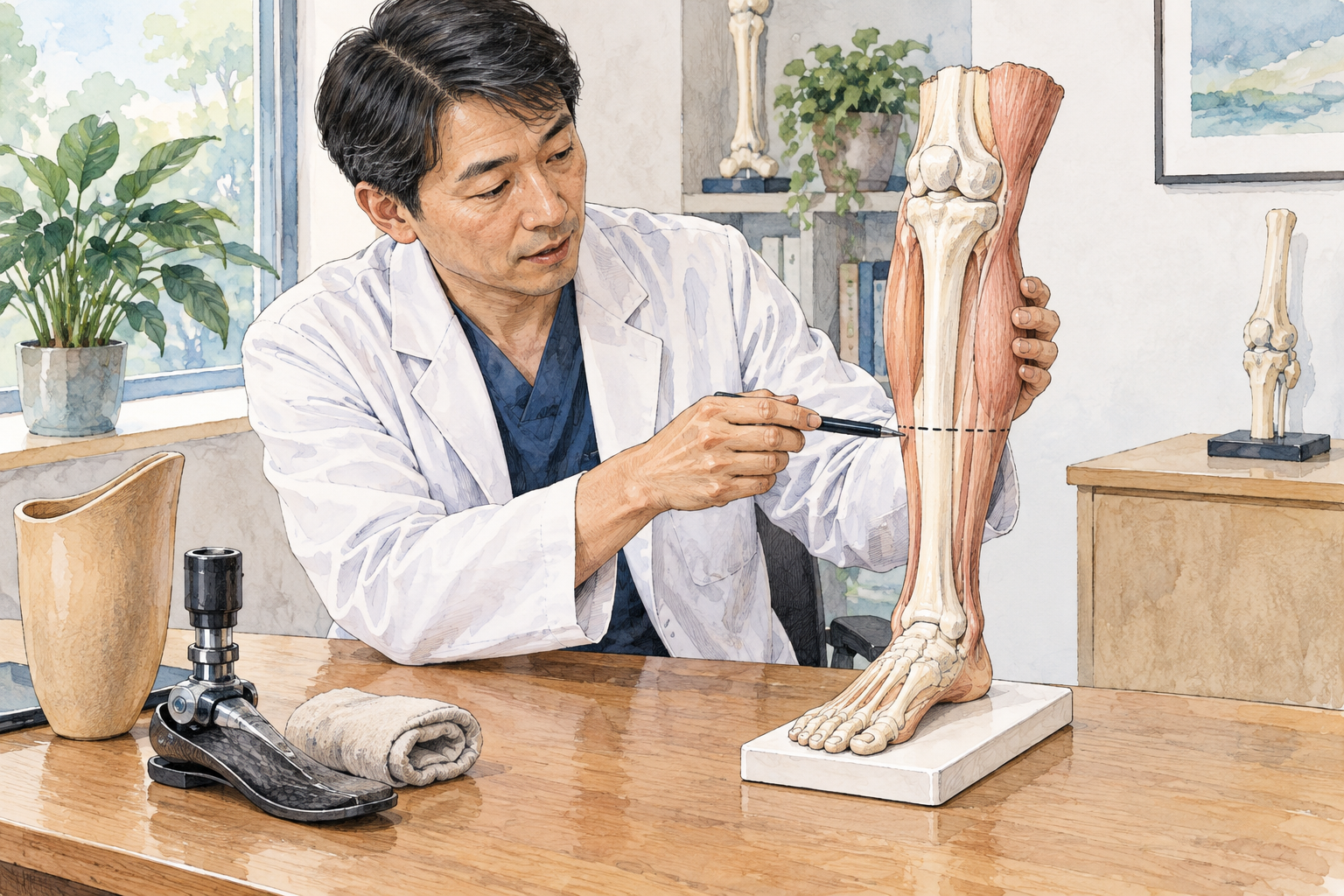 Neutral surgical-planning teaching scene: clinician indicates the below-knee removal site on a plastic anatomical leg model, patient not shown, no blood, no graphic operation or lettering.