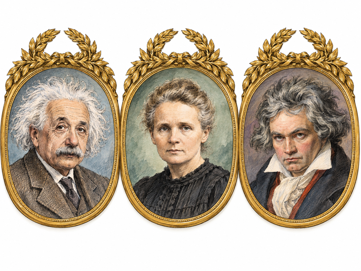 A compact gallery of three recognizable cultural luminaries, presented together in equally prestigious laurel-crowned portrait frames: Albert Einstein, Marie Curie, and Ludwig van Beethoven.