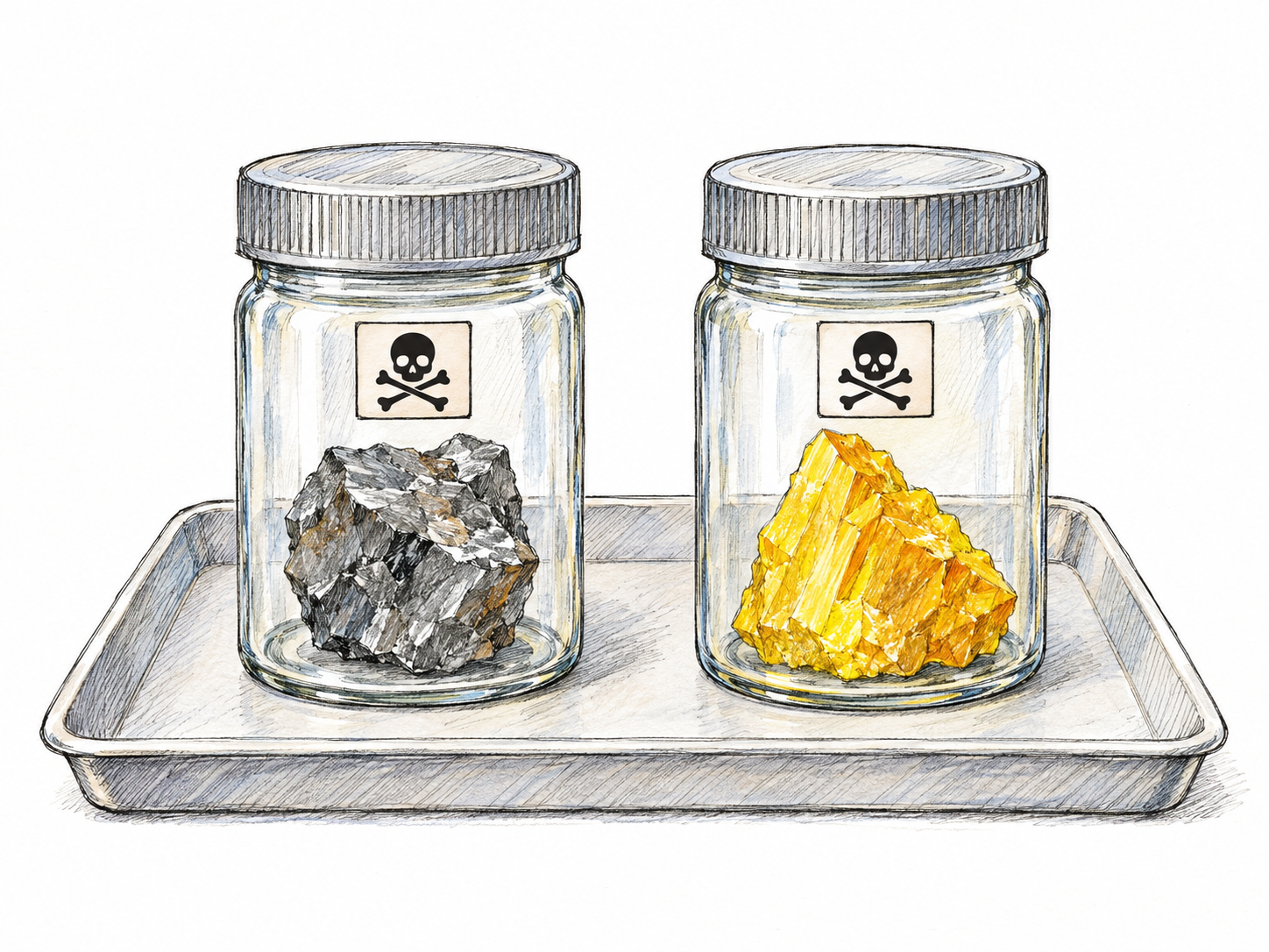 A compact scientific still life showing a metallic-gray arsenic specimen beside a vivid yellow arsenic compound specimen, each enclosed in a separate clear, sealed sample container on a plain laboratory tray.