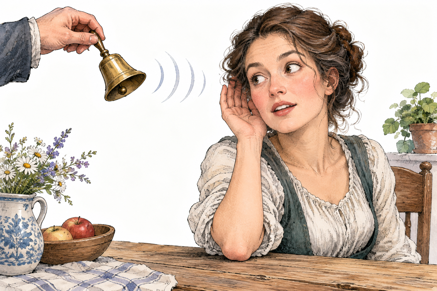 Woman hears a small handbell ringing beside her, attentive ear and subtle sound curves between bell and ear, no letters.