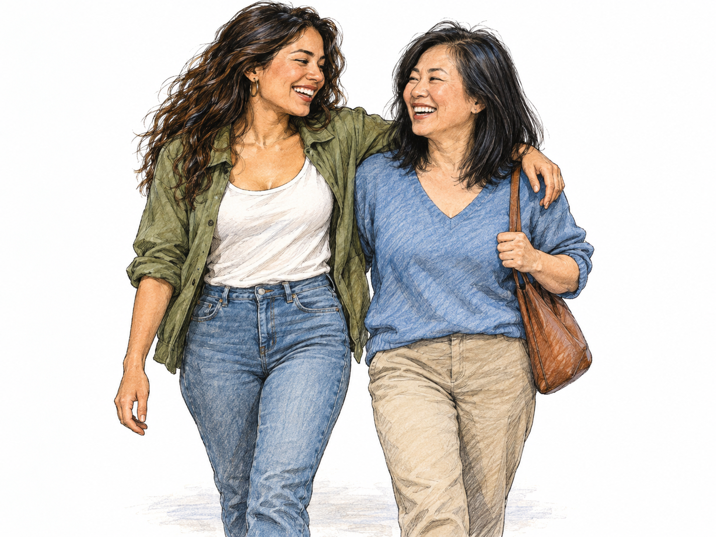 Two relaxed friends walking shoulder to shoulder, sharing a laugh, with one woman's arm comfortably around the other's shoulders.