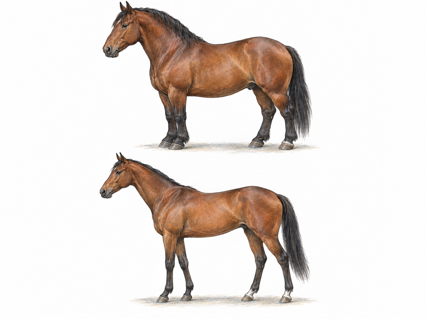 Two adult horses shown in matching side-on standing poses, contrasting a compact, broad-bodied build with a slender, long-legged build so their bodily conformation is immediately visible.