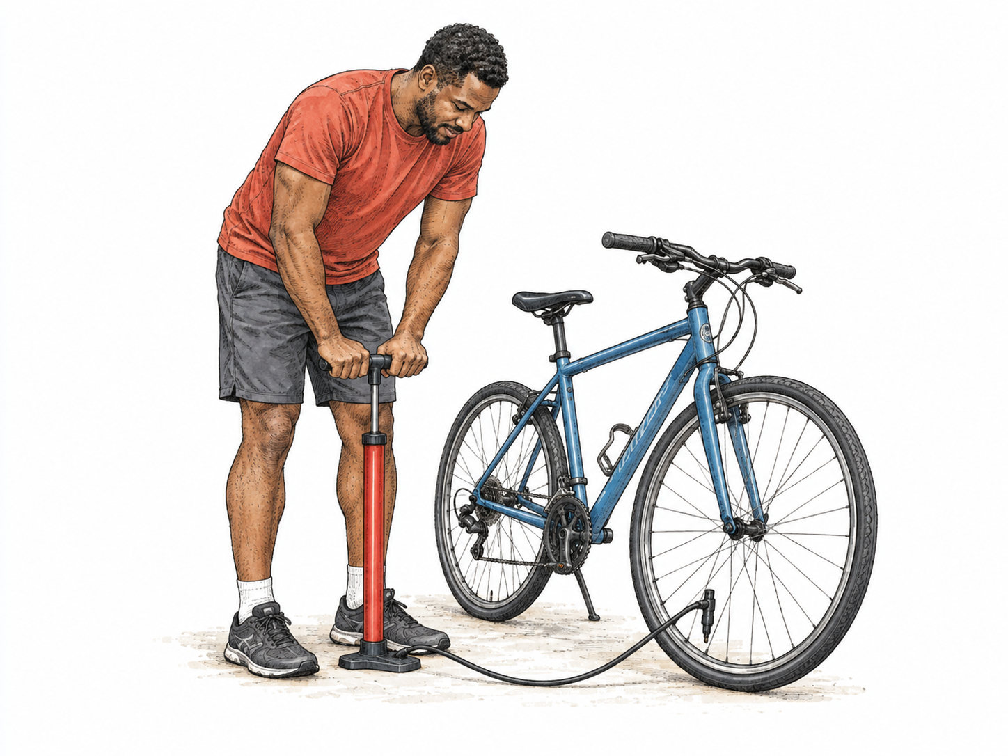 Person pumps a bicycle tire with a floor pump, intact hose attaches to wheel valve.