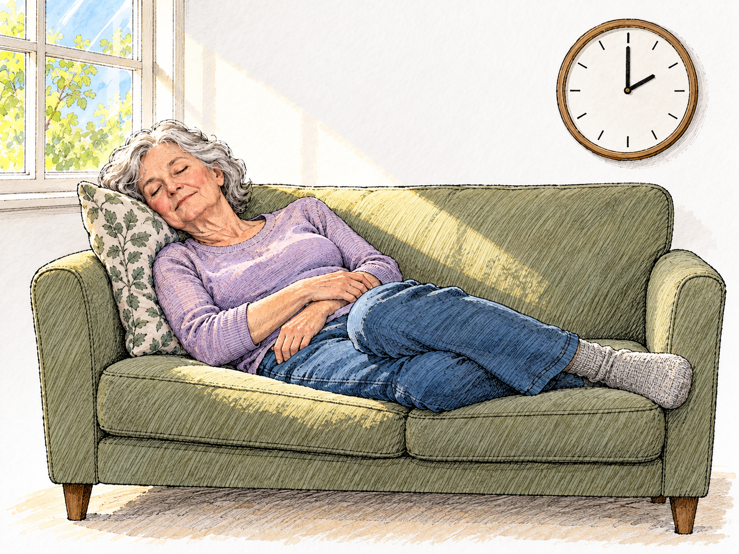 An older woman takes a daytime nap on a sofa, still dressed in ordinary day clothes.