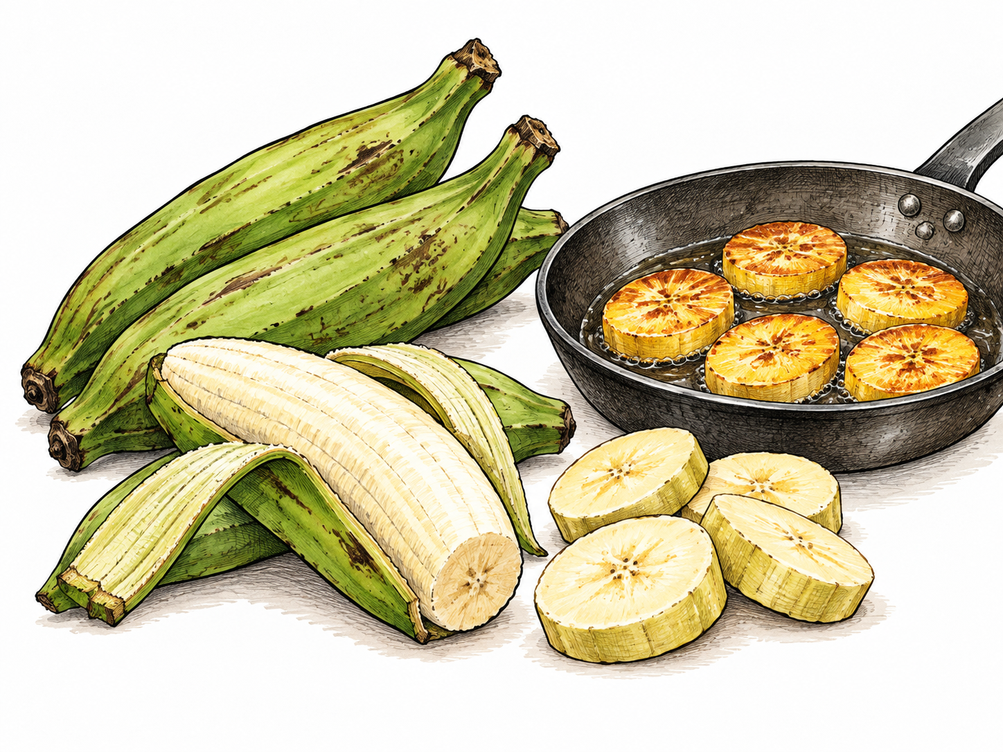 Several large firm green plantains, one peeled to show starchy pale flesh, beside thick slices being cooked in a plain pan.