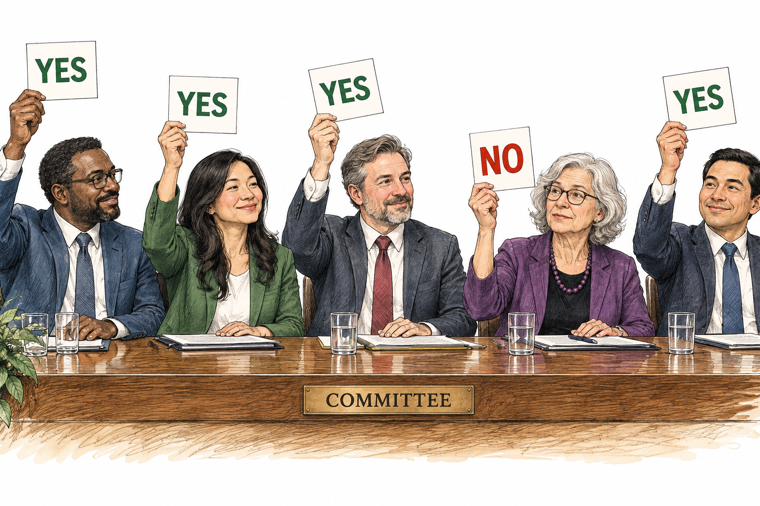 One NO vote contrasts with four YES votes.