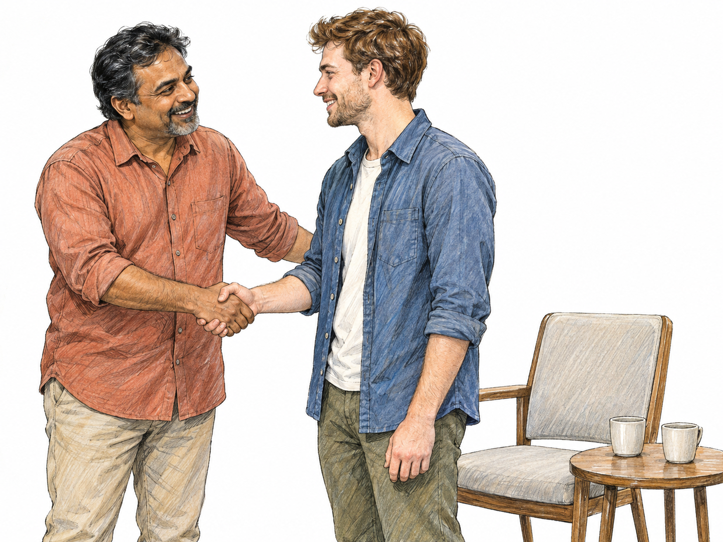 A cheerful host warmly welcomes a visitor, meeting his eyes with a broad, relaxed smile while offering a friendly handshake and gesturing toward an open chair.