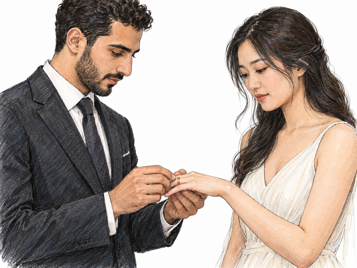 A solemn wedding-ring exchange: a groom carefully places a ring on his bride’s left ring finger as they face one another with composed, earnest expressions.