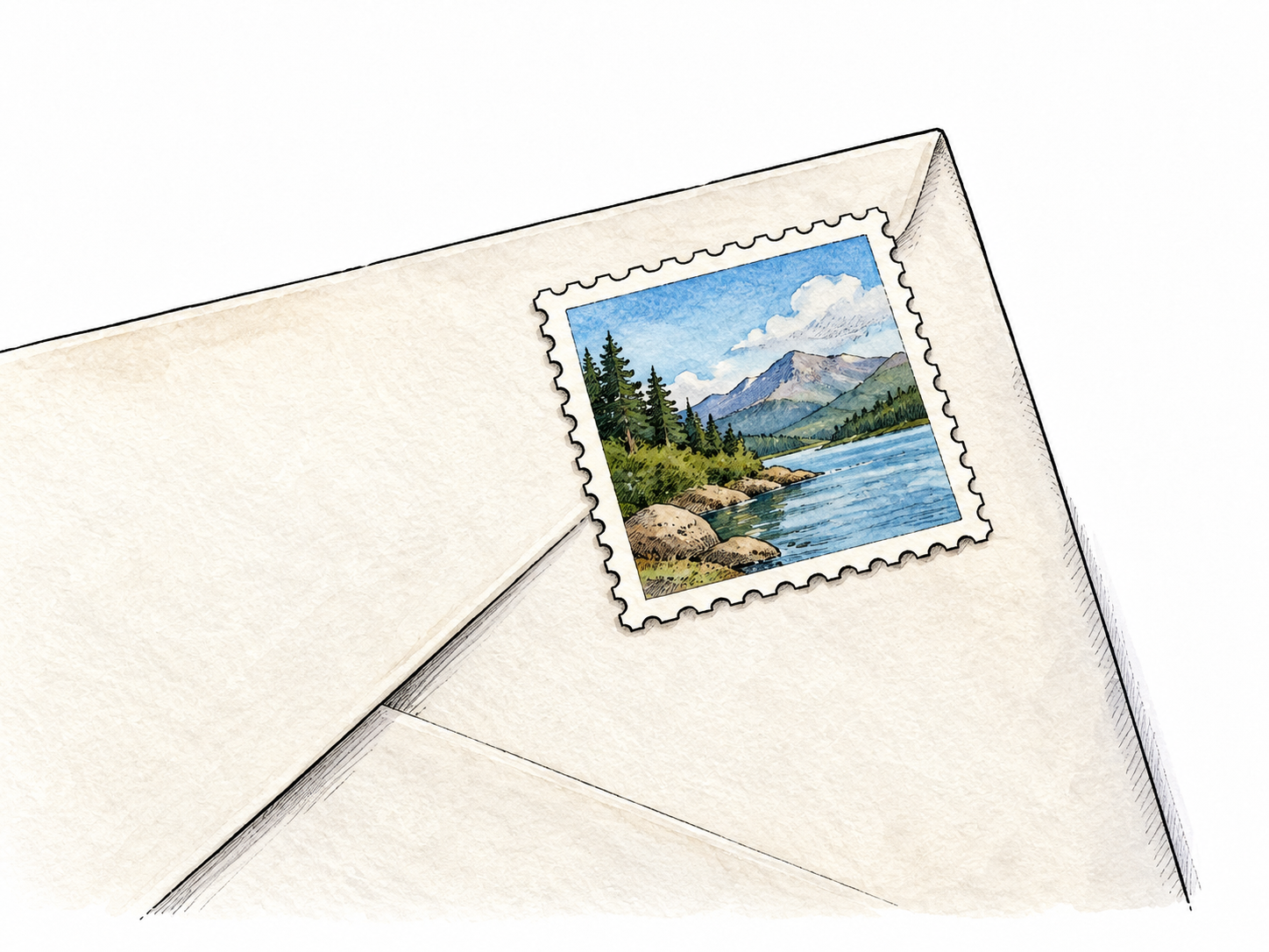 A postage stamp with perforated edges showing a small landscape affixed to an envelope, no readable words or denomination.