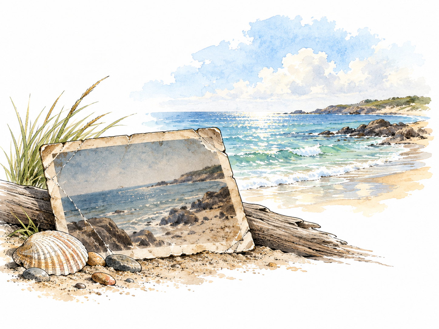 A weathered seaside photograph brings to mind a softly rendered bright shoreline behind it.