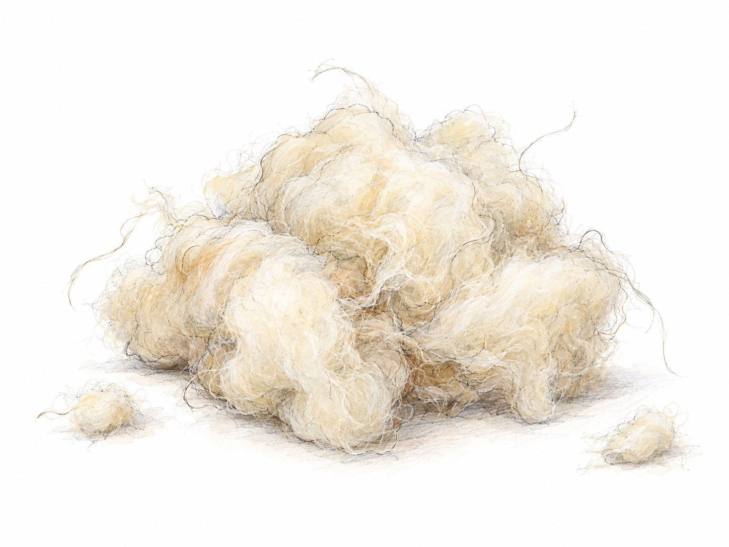 A small loose mound of pale woolly fluff, with airy wisps and detached tufts beside it, showing the literal soft, light material sense.