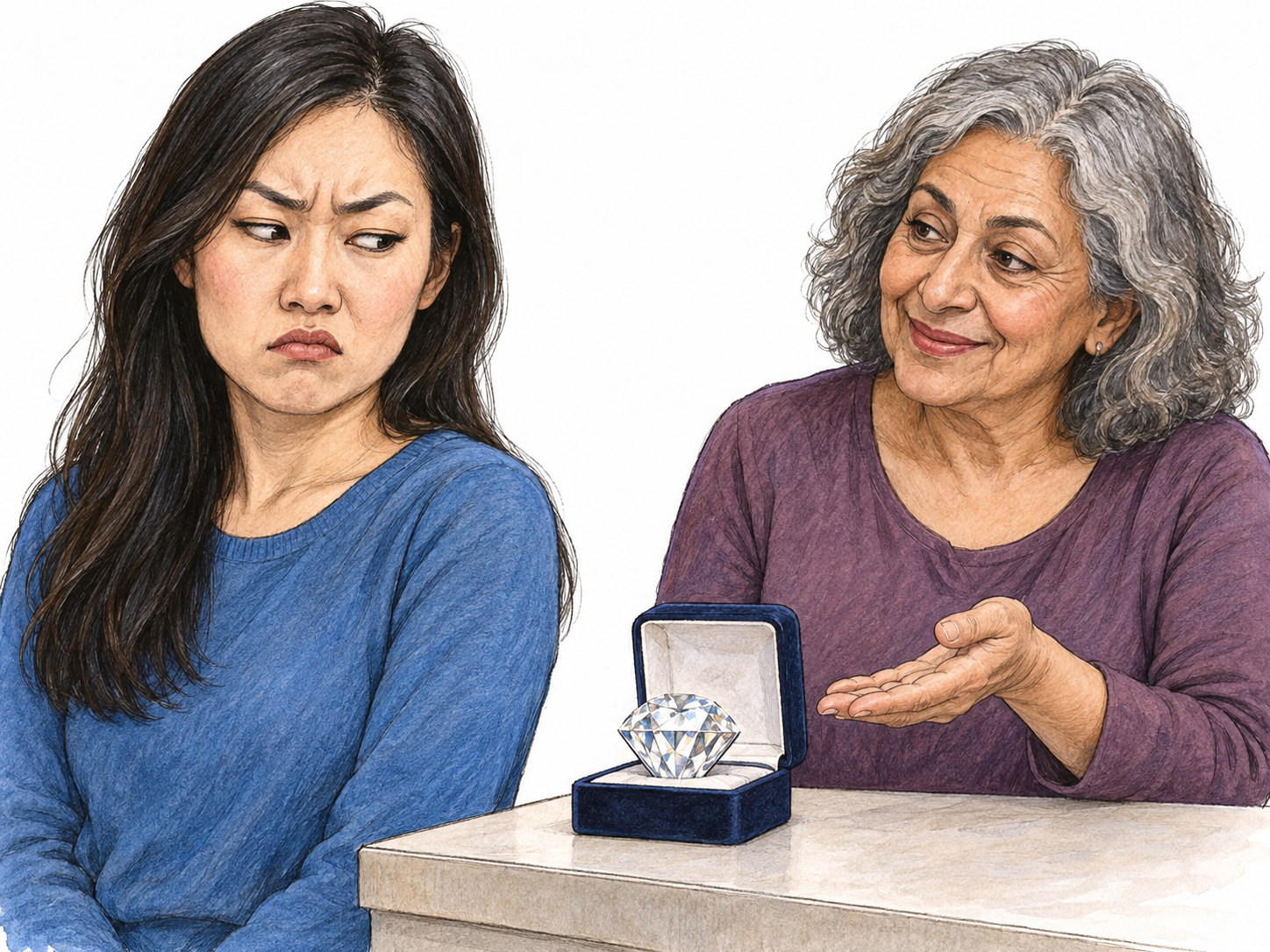 A young woman gives an older woman a distinctly skeptical sideways look as the older woman presents an implausibly large imitation gemstone.